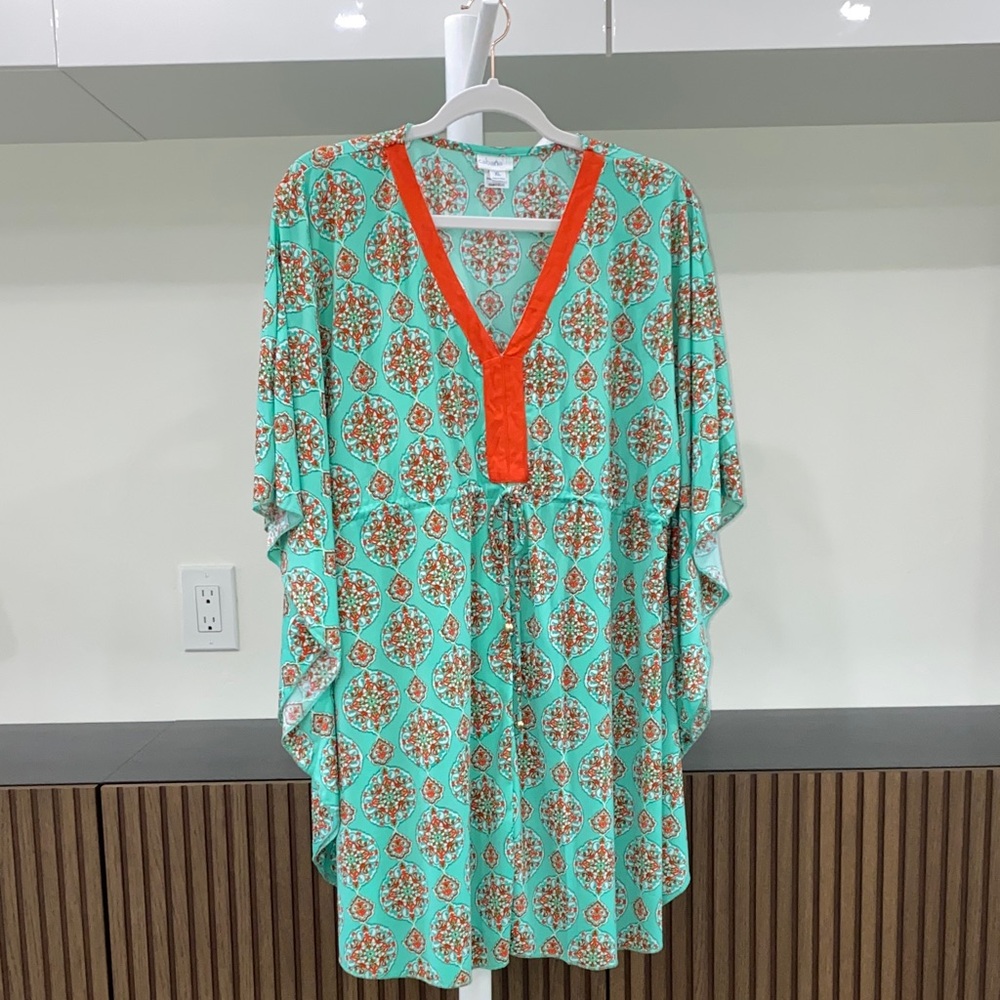 Cabana Life Turquoise and Coral Floral Kaftan beach cover up size xl